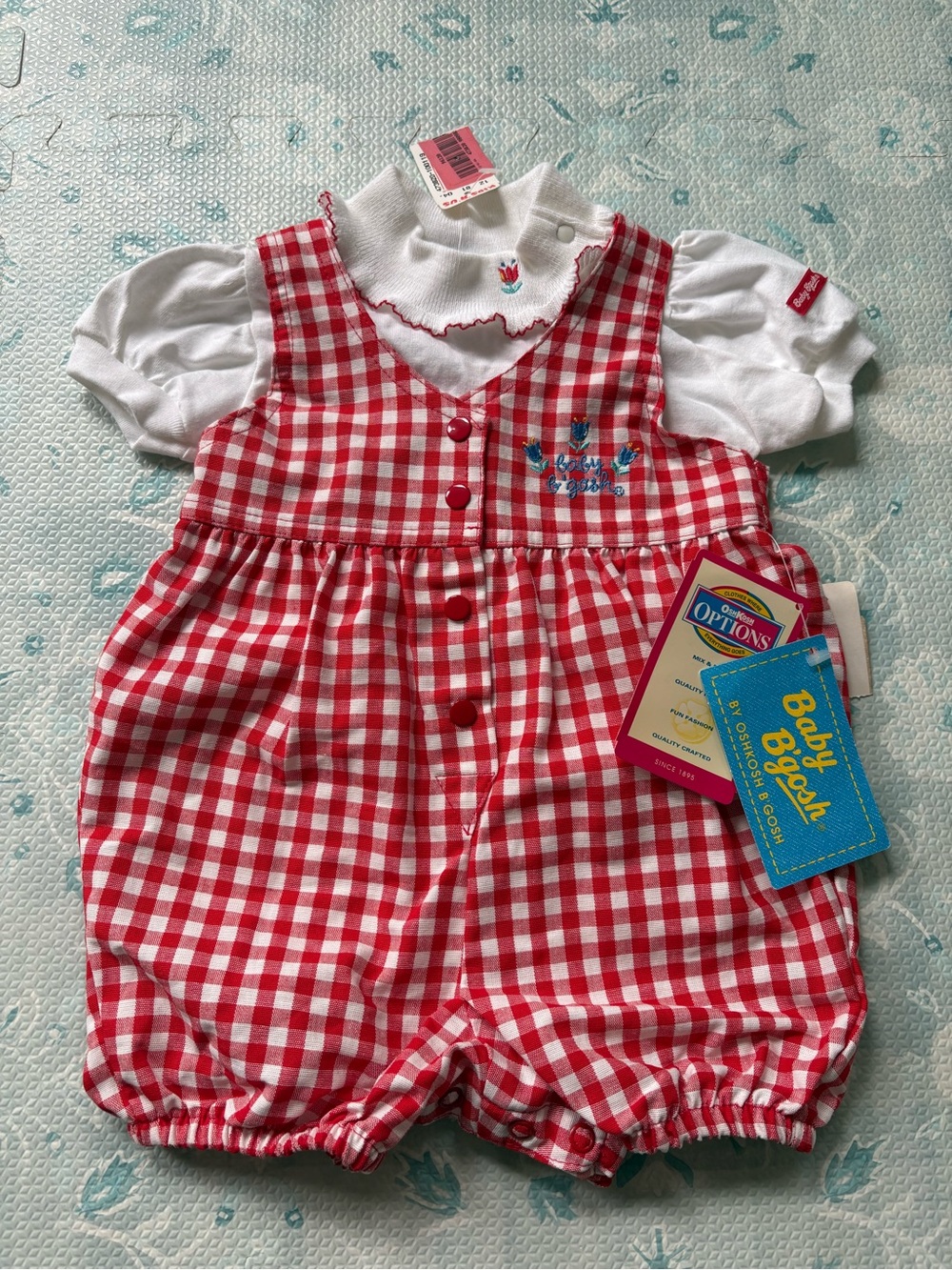 NWT Vintage OshKosh Red Gingham Floral Bubble Romper Set 6-9M